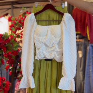 Textured Crop Top in Ivory & Pleated Skirt in Olive