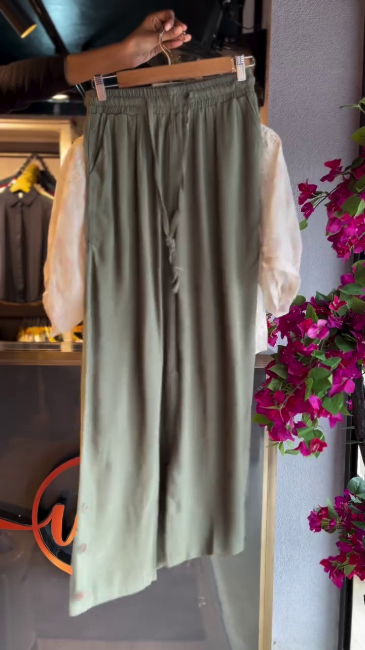 Lace Blouse in Floral Cream & Wide-Leg Pants in Olive - Image 2