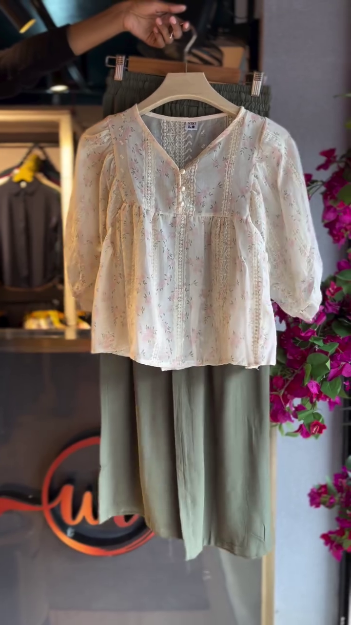 Lace Blouse in Floral Cream & Wide-Leg Pants in Olive
