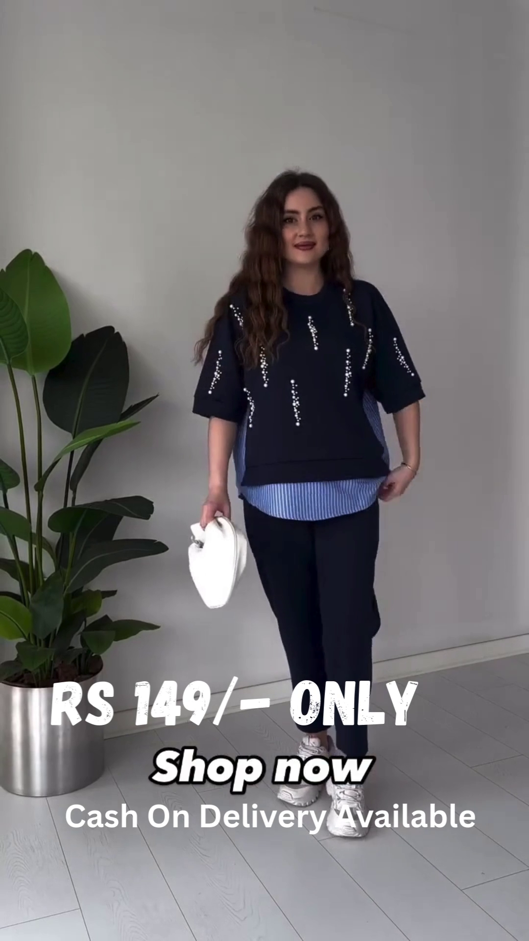 Chic Navy Blue Pearl-Embellished Layered Top – Trendy & Elegant