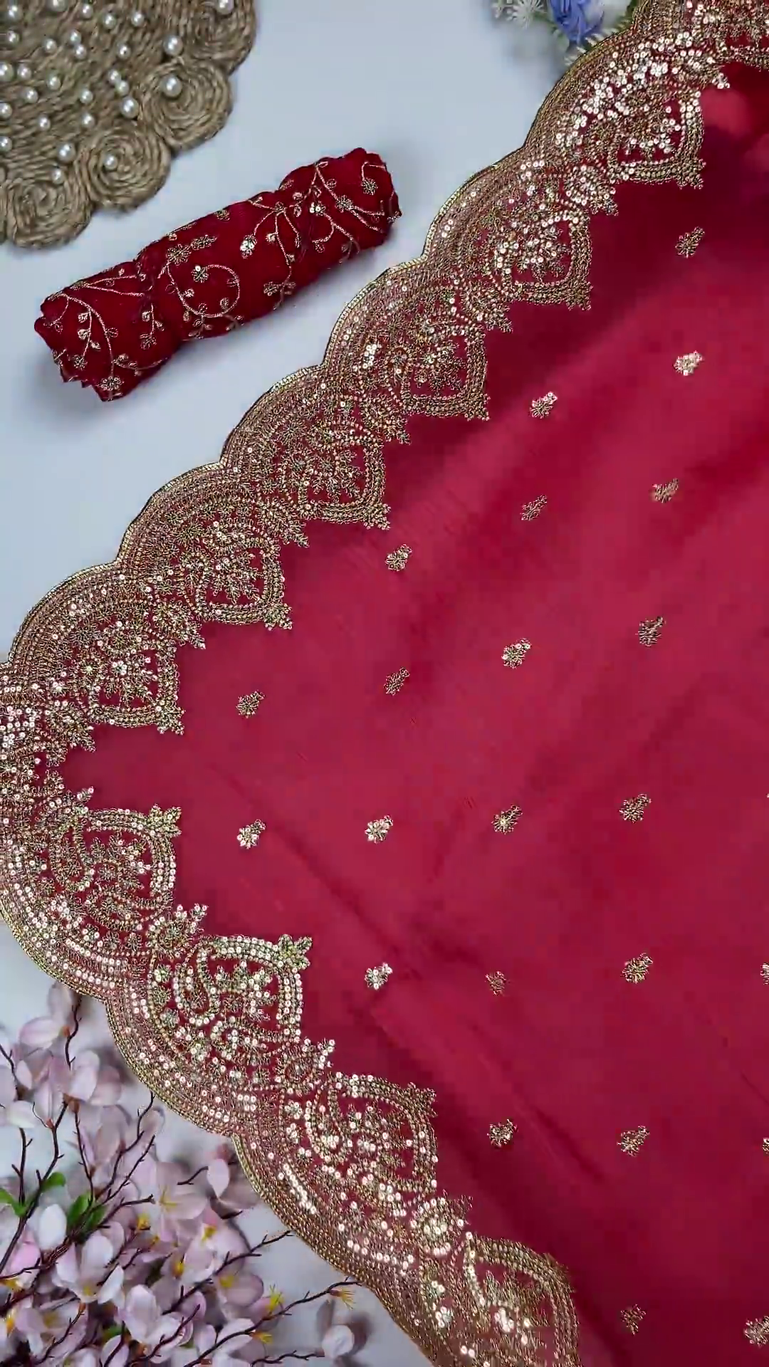 Premium Bridal Red Heavy Embroidered Partywear Saree with Designer Blouse Fabric