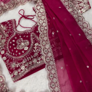 Premium Bridal Maroon Heavy Embroidered Designer Blouse with Dupatta Set