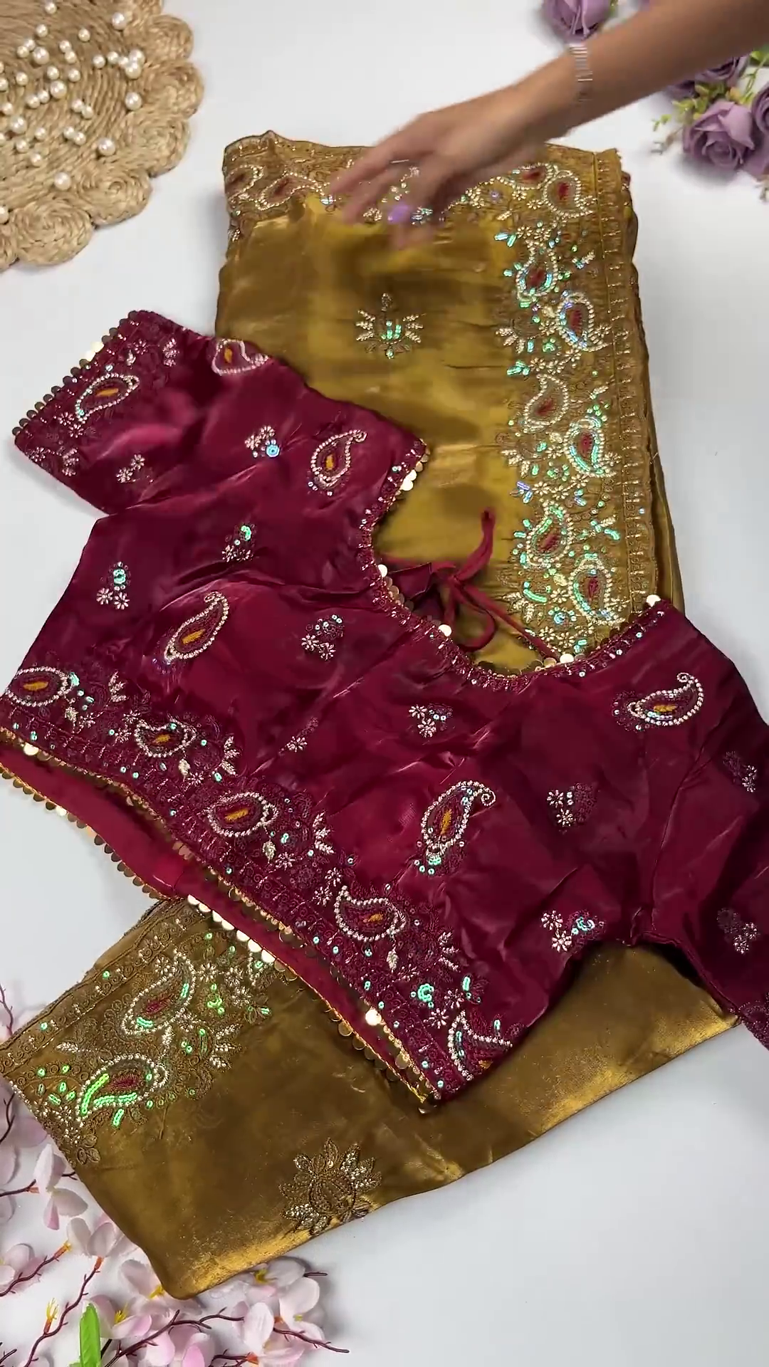Premium Maroon & Antique Gold Heavy Embroidered Designer Blouse with Dupatta Set