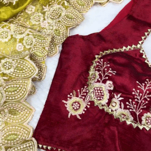 Regal Maroon Embroidered Blouse with Olive Green Scalloped Saree Set