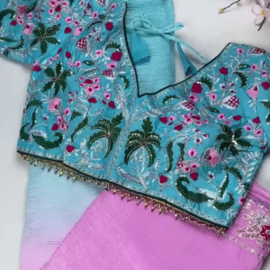 Azure Garden Embroidered Blouse with Ombre Lilac Saree Set