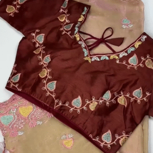 Royal Maroon Leaf-Embroidered Blouse with Sand Gold Saree Set