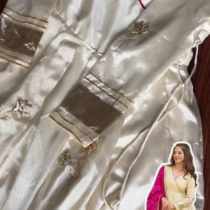 Lustrous Ivory Angrakha Anarkali with Bandhani Contrast Dupatta