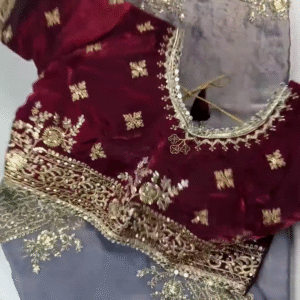 Royal Burgundy Velvet Blouse & Slate Grey Saree Set