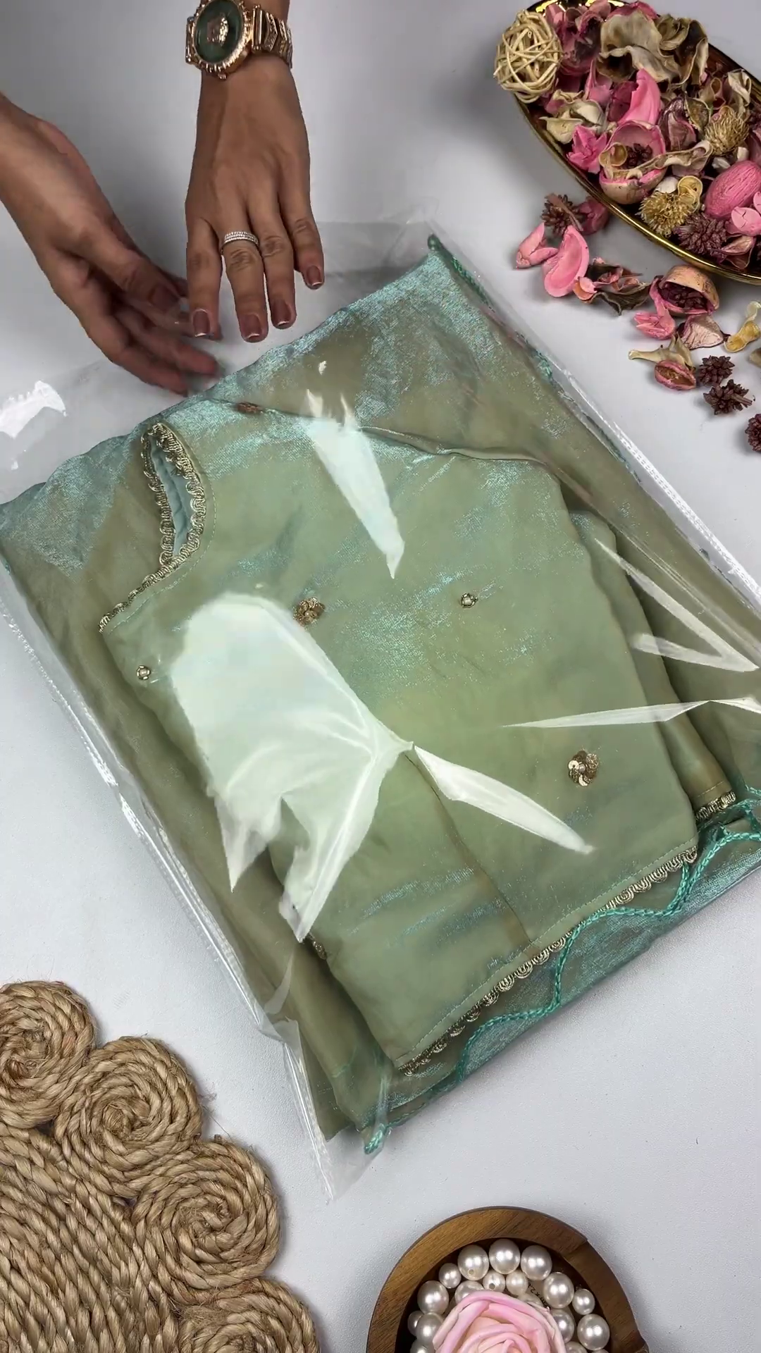 Ethereal Seafoam Green Saree with Botanical Artistry