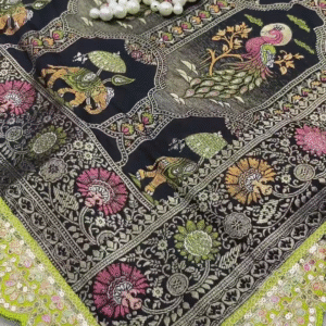 Midnight Black Patola-Print Silk Saree with Lime Green Scalloped Border