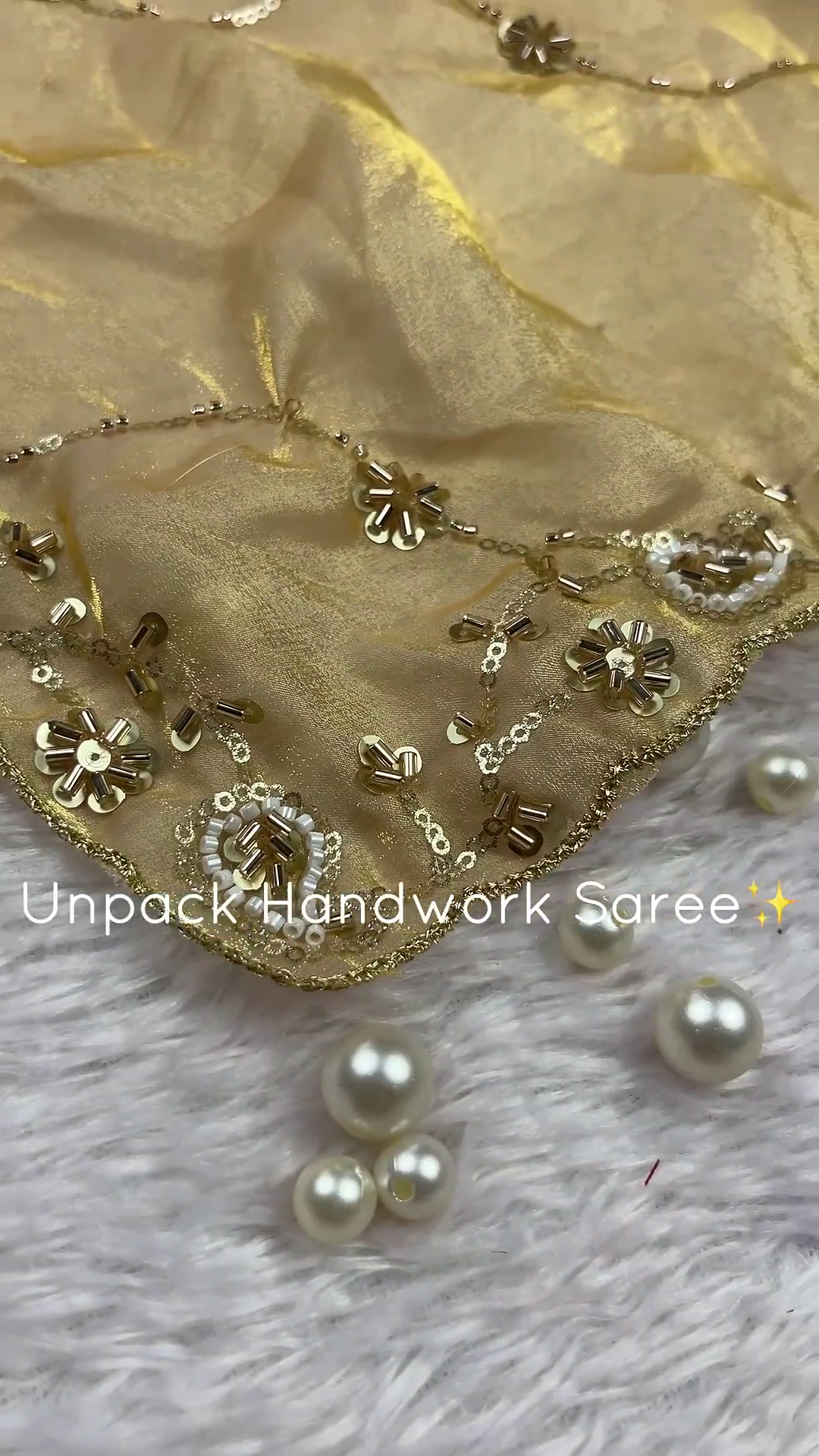 Champagne Gold Handwork Saree with Wine Velvet Border and Floral Zari - Image 4