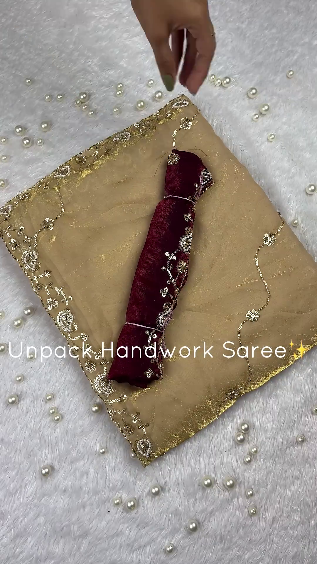 Champagne Gold Handwork Saree with Wine Velvet Border and Floral Zari