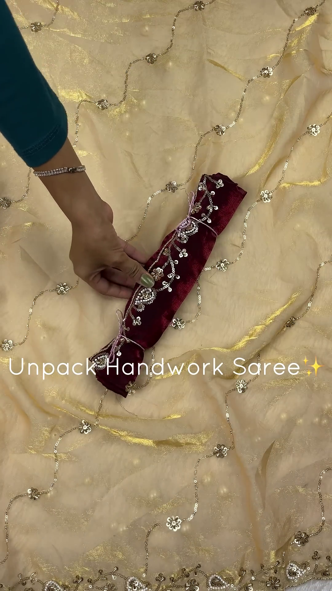 Champagne Gold Handwork Saree with Wine Velvet Border and Floral Zari - Image 2