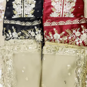 Exquisite Organza Silk Suit with Hand-Embroidered Floral Neckline and Scalloped Borders