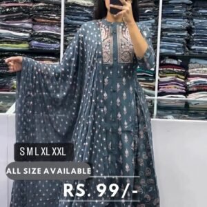 Women printed gown with pant and dupatta set
