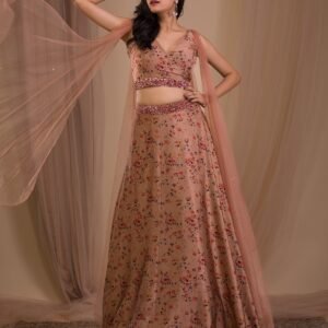 Brown Printed Satin Readymade Lehenga