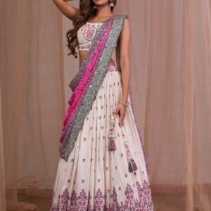 Cream Threadwork Semi Crepe Readymade Lehenga