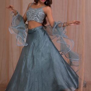 Grey Mirrorwork Tissue Readymade Lehenga
