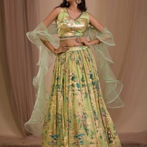 Parrot Green Cutdana Art Silk Readymade Lehenga