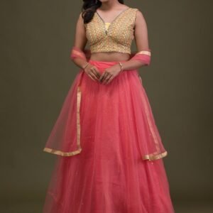 Yellow Mirrorwork Net Readymade Lehenga