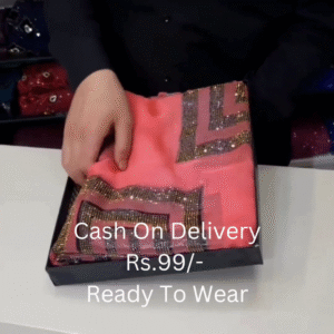 Coral Sunset Shimmer Saree with Crystal Geometric Borders