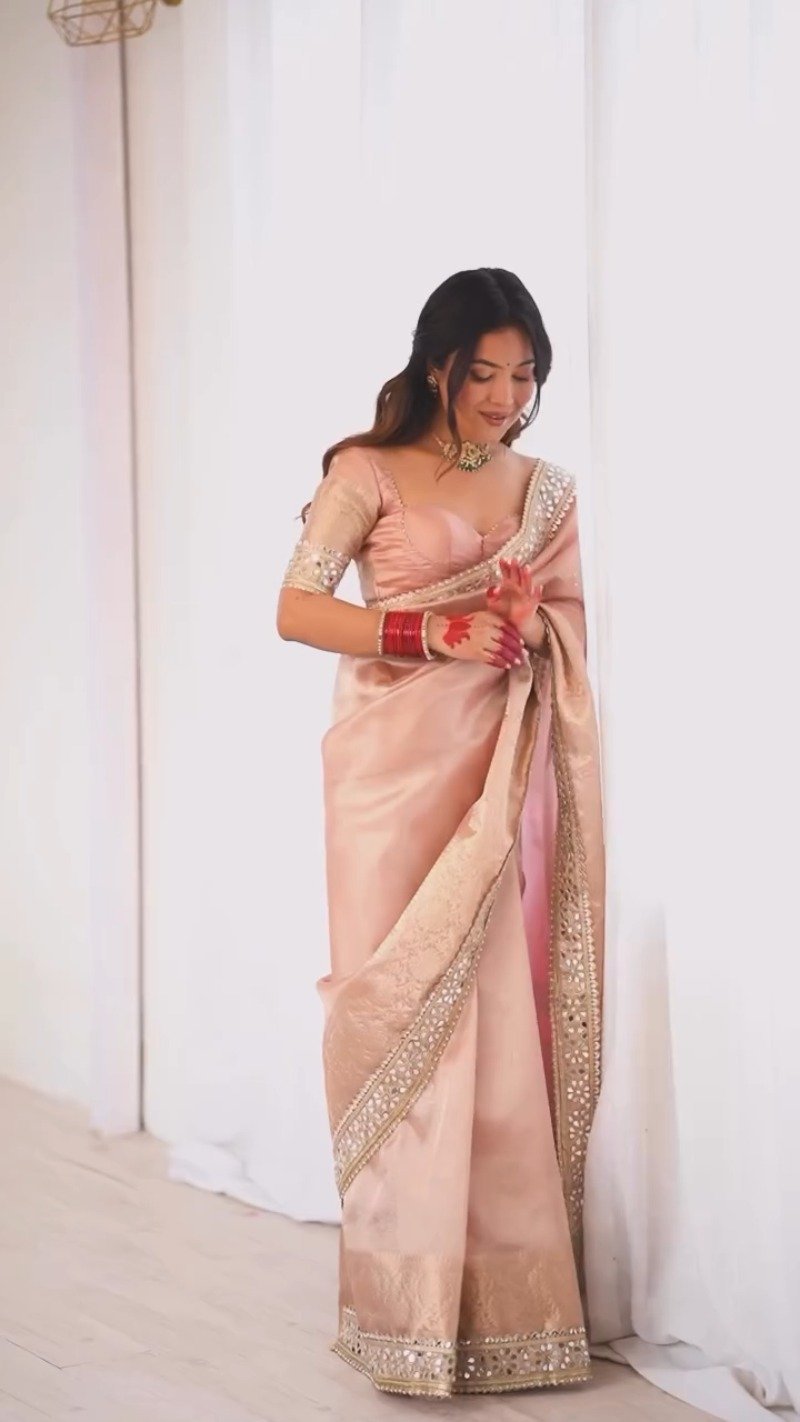 Pastel Peach Mirror-Work Silk Saree with Elegant V-Neck Blouse - Image 2