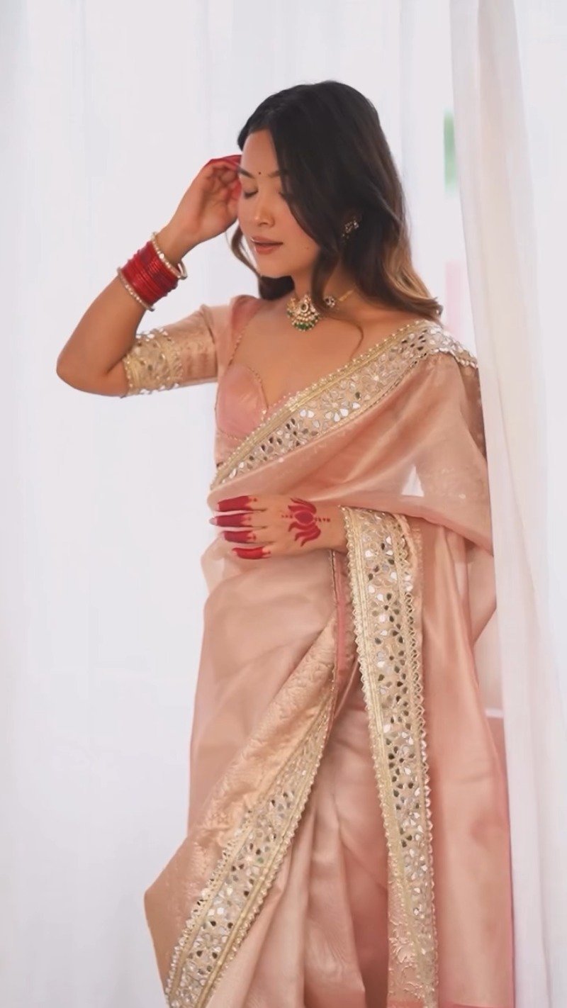 Pastel Peach Mirror-Work Silk Saree with Elegant V-Neck Blouse - Image 5