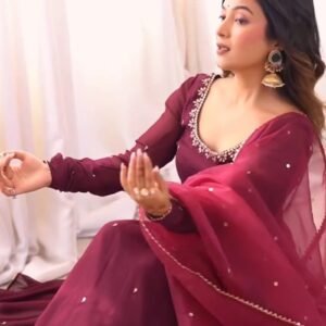 Enchanting Wine Red Embroidered Anarkali Suit Set