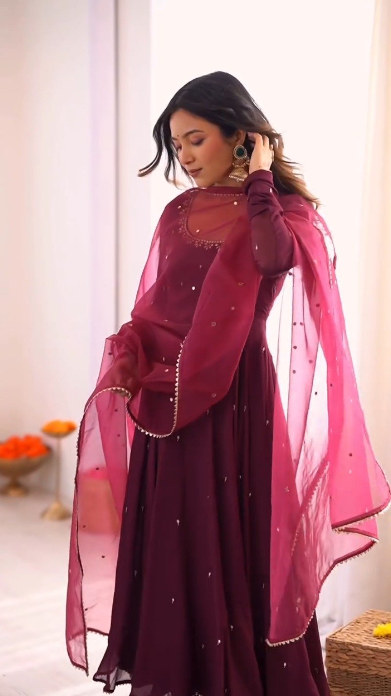 Enchanting Wine Red Embroidered Anarkali Suit Set - Image 6