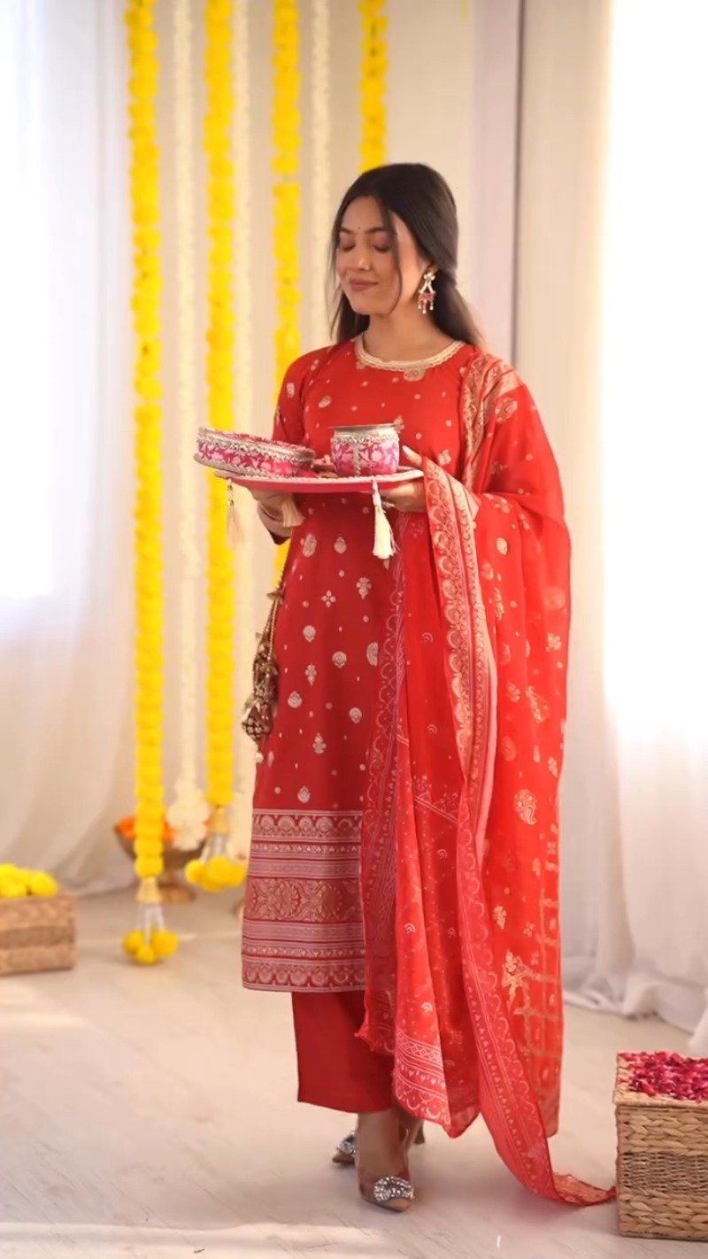 Radiant Ruby Festive Kurta & Sharara Set with Floral Embroidery โ Available in Crimson Red & Sunset Scarlet