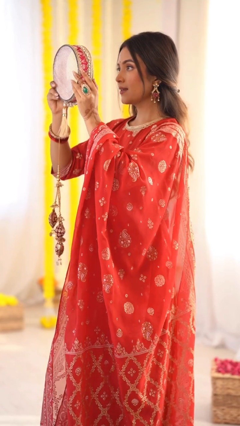 Radiant Ruby Festive Kurta & Sharara Set with Floral Embroidery โ Available in Crimson Red & Sunset Scarlet - Image 2