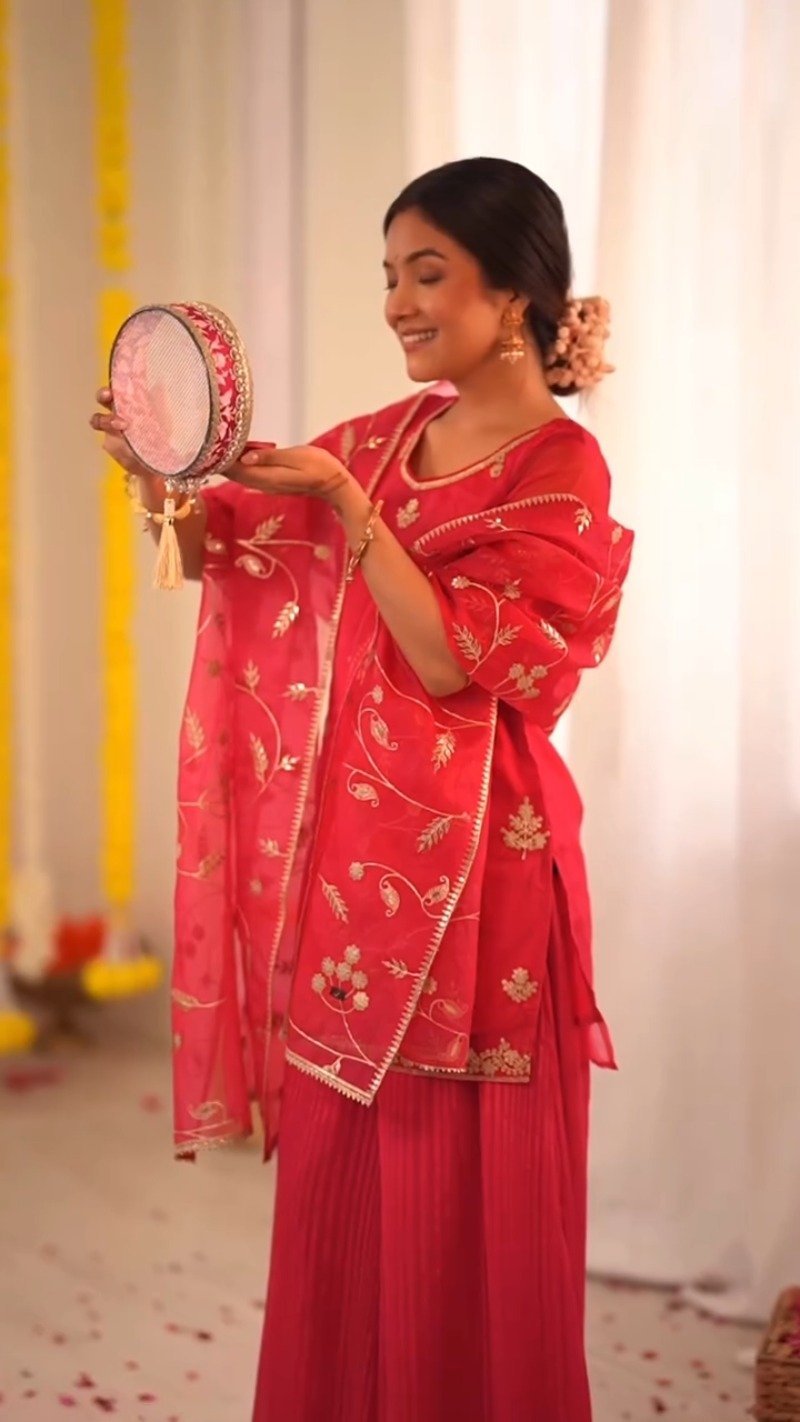 Radiant Ruby Festive Kurta & Sharara Set with Floral Embroidery โ Available in Crimson Red & Sunset Scarlet - Image 3