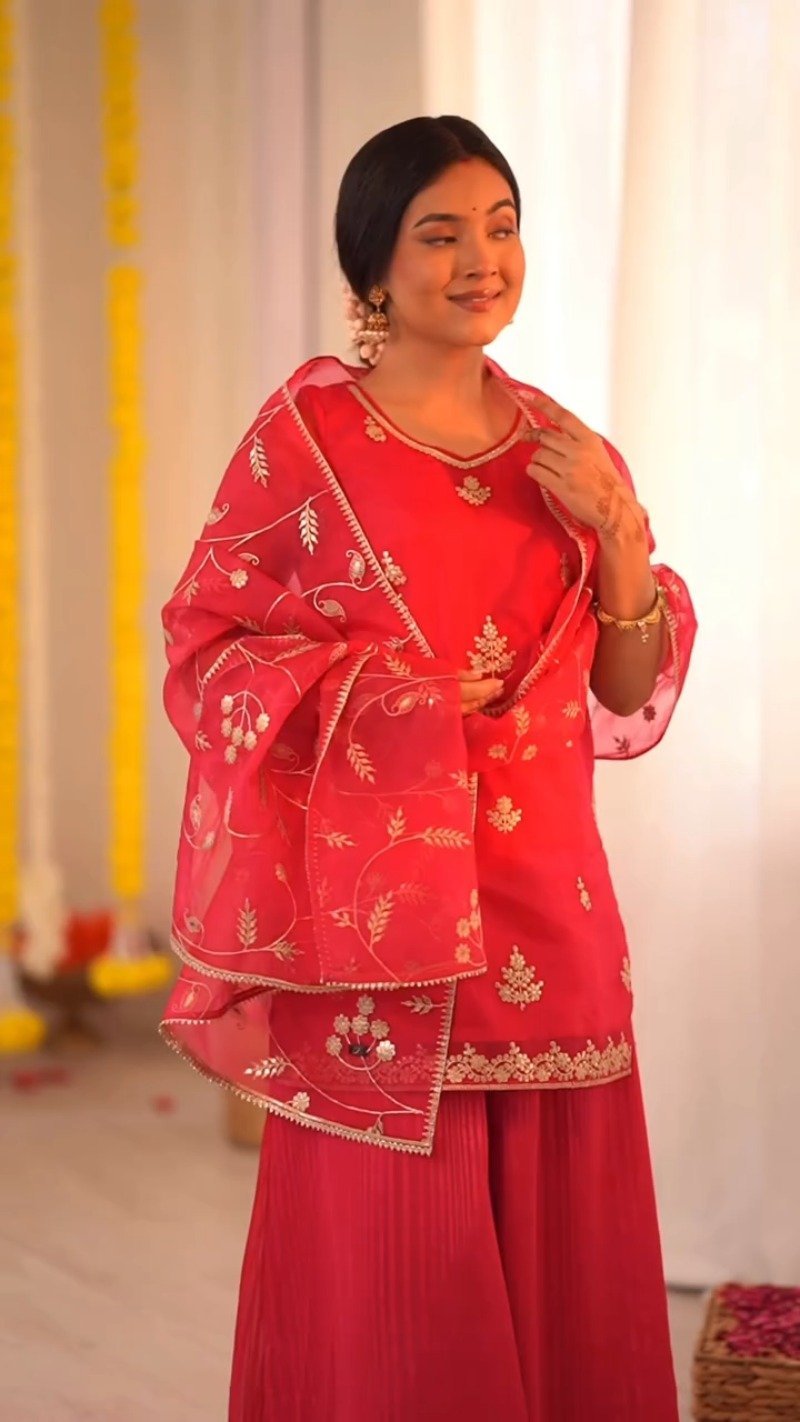 Radiant Ruby Festive Kurta & Sharara Set with Floral Embroidery โ Available in Crimson Red & Sunset Scarlet - Image 6