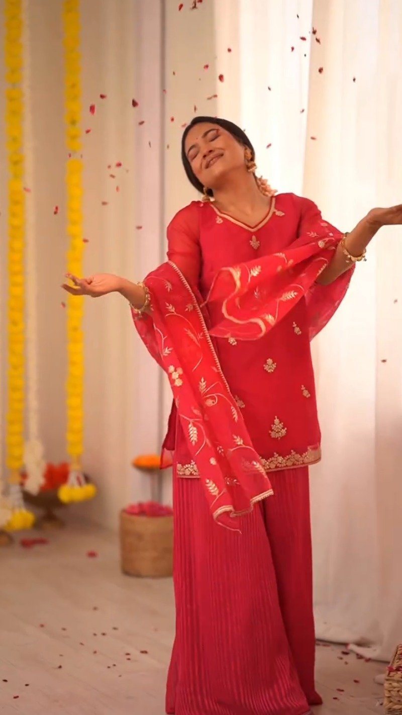 Radiant Ruby Festive Kurta & Sharara Set with Floral Embroidery โ Available in Crimson Red & Sunset Scarlet - Image 5