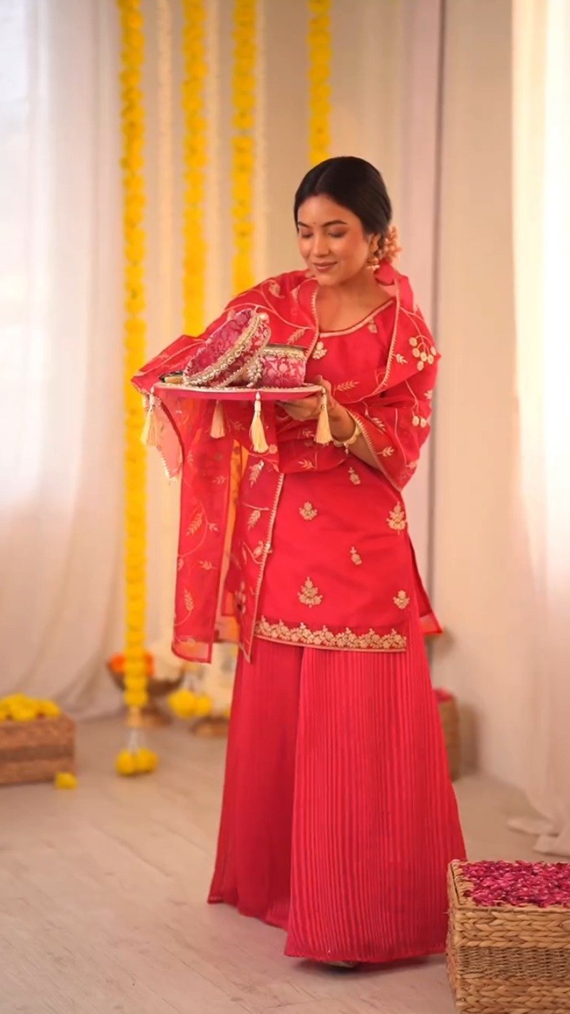 Radiant Ruby Festive Kurta & Sharara Set with Floral Embroidery โ Available in Crimson Red & Sunset Scarlet - Image 7