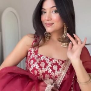 Royal Crimson Banarasi Jacquard Lehenga Set with Intricate Metallic Motifs