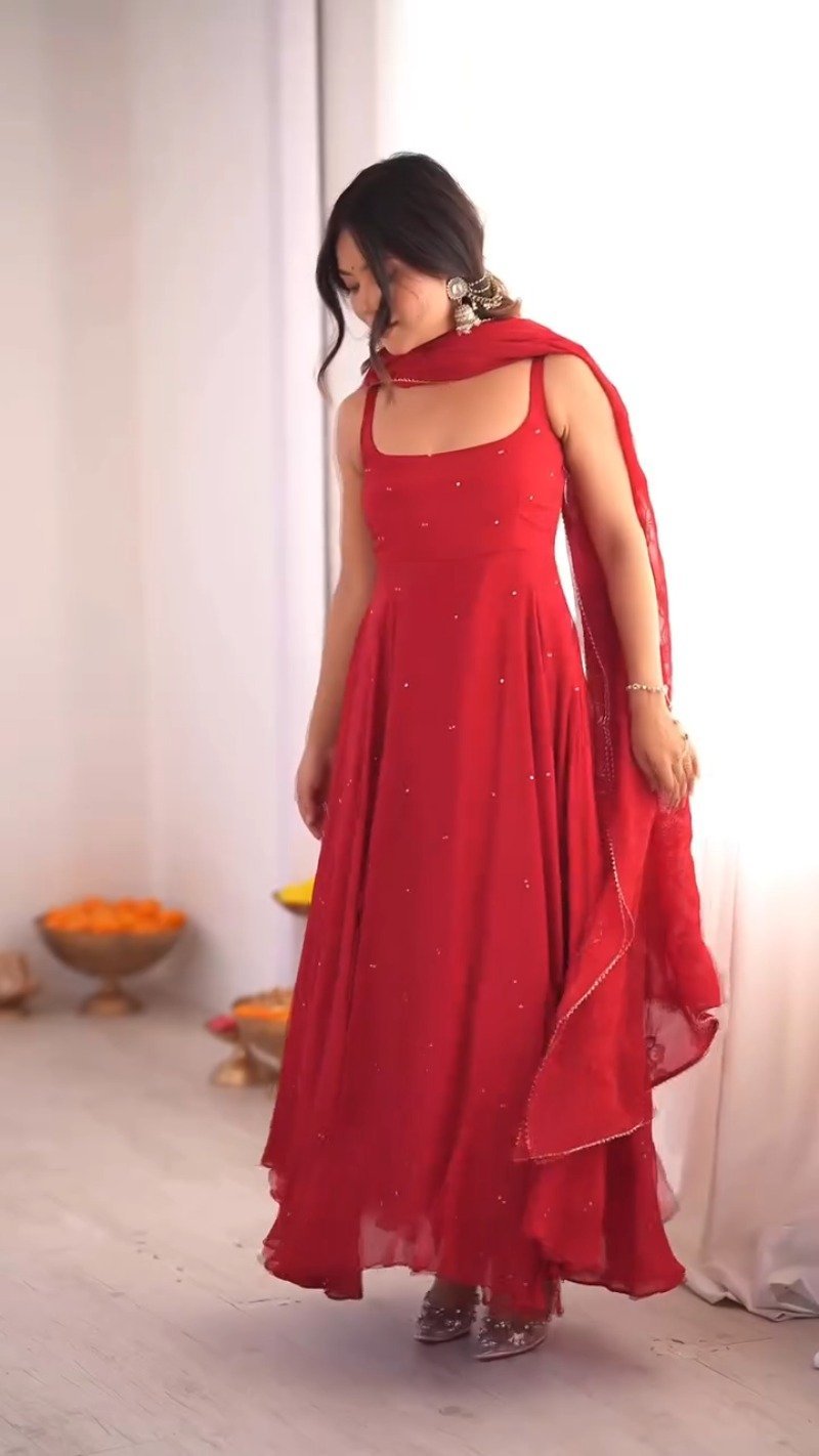 Astra Ruby Red Flowing Maxi Kurta Set with Mirror Embellishments
