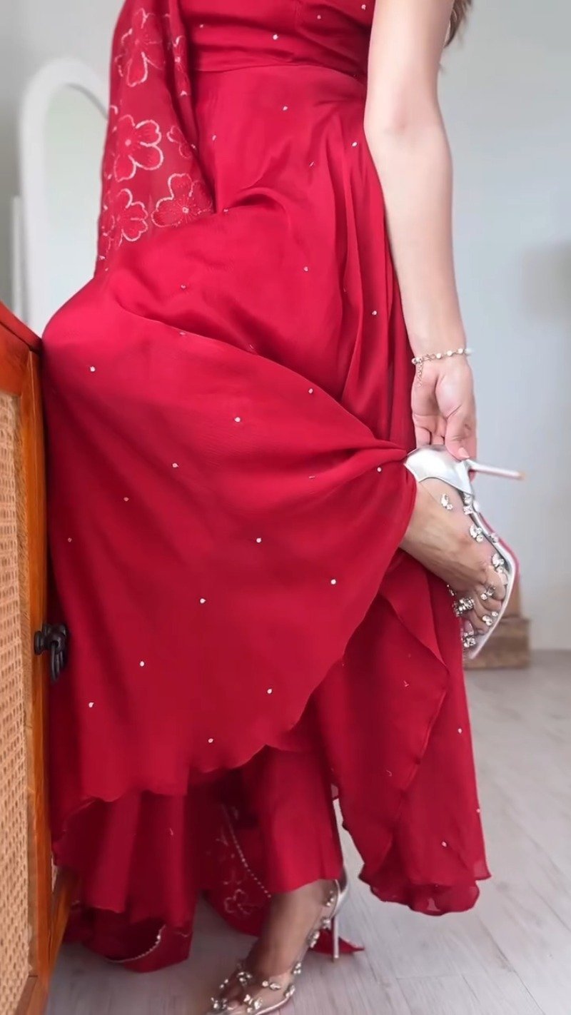 Astra Ruby Red Flowing Maxi Kurta Set with Mirror Embellishments - Image 6