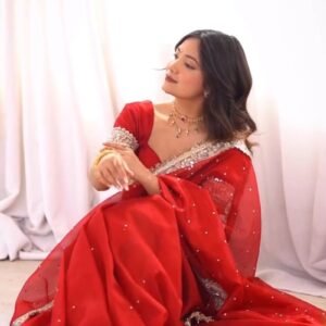 Scarlet Radiance Embellished Net Saree – A Masterpiece of Traditional Elegance