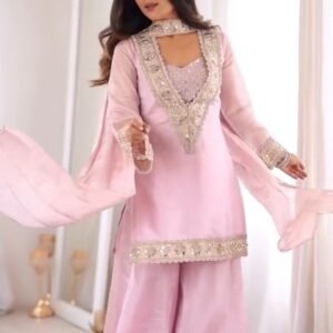Ethereal Pastel Pink Mirror-Work Kurta & Palazzo Set