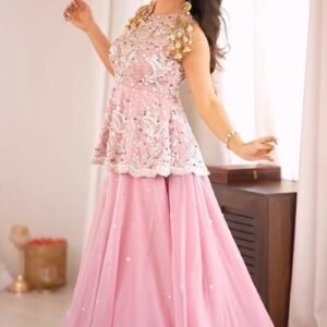 Enchanting Petal Pink Embroidered Peplum Top and Lehenga Set