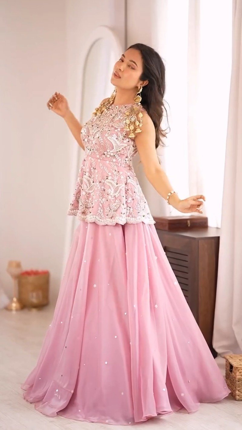 Enchanting Petal Pink Embroidered Peplum Top and Lehenga Set
