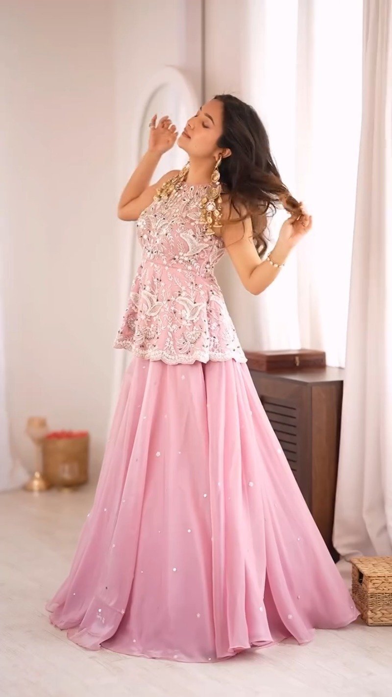 Enchanting Petal Pink Embroidered Peplum Top and Lehenga Set - Image 2