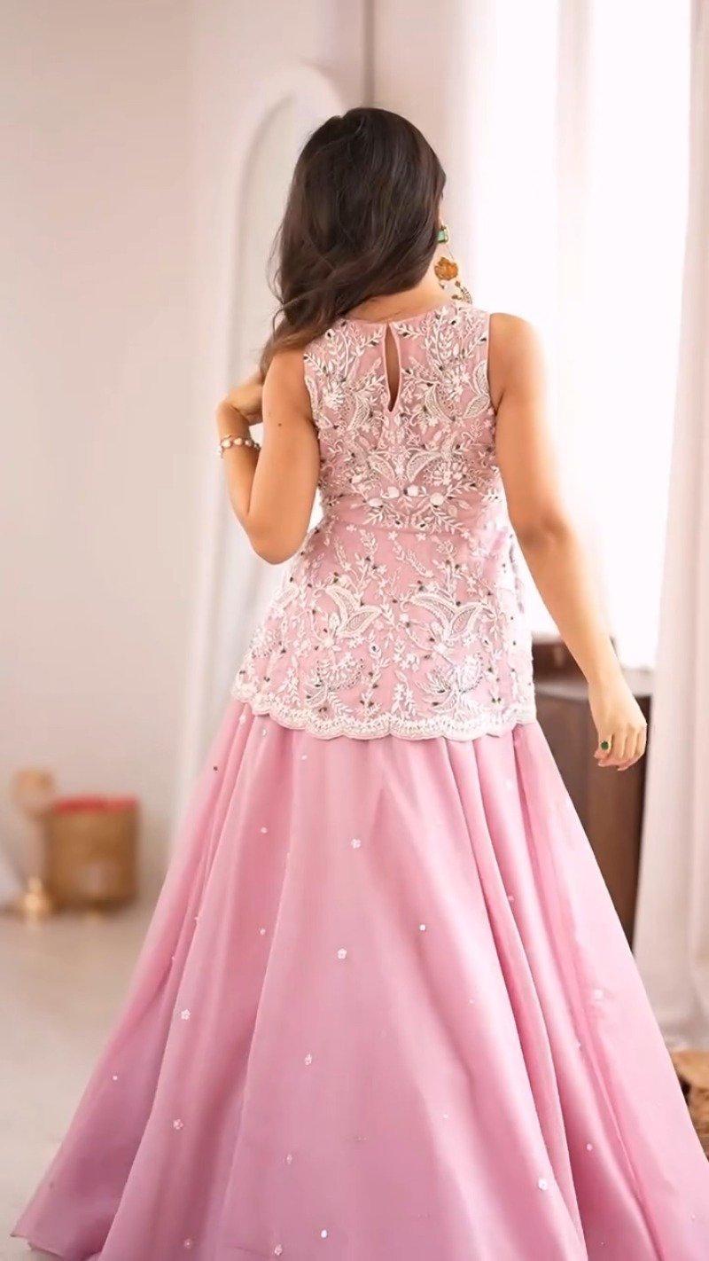 Enchanting Petal Pink Embroidered Peplum Top and Lehenga Set - Image 3