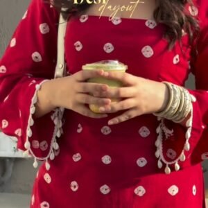 Crimson Bandhani Print Bell-Sleeved Kurti with Shell Trims