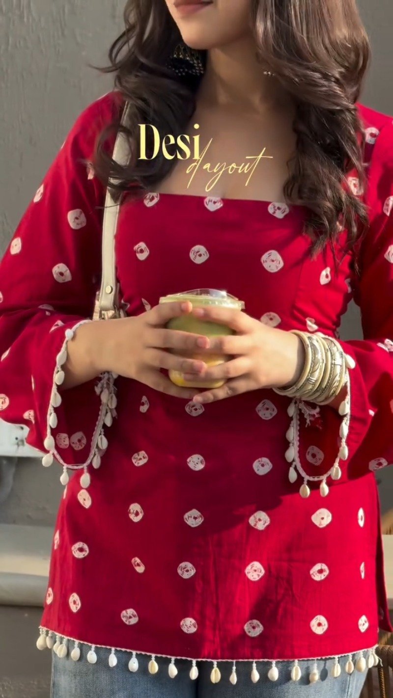 Crimson Bandhani Print Bell-Sleeved Kurti with Shell Trims - Image 2