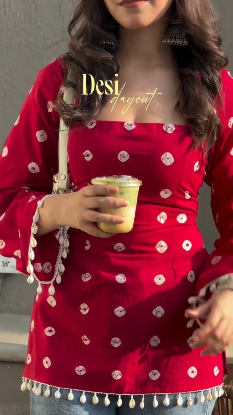 Crimson Bandhani Print Bell-Sleeved Kurti with Shell Trims - Image 3