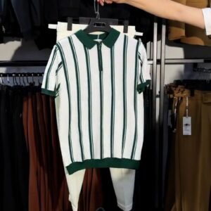 Contemporary Forest Green & White Striped Zipper Polo Set