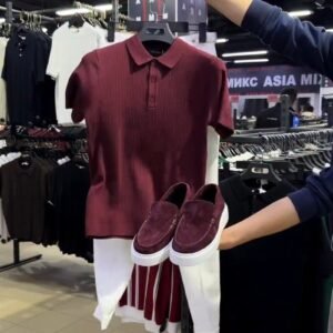 Sophisticated Ribbed Polo & Slip-On Ensemble – Available in Maroon & White