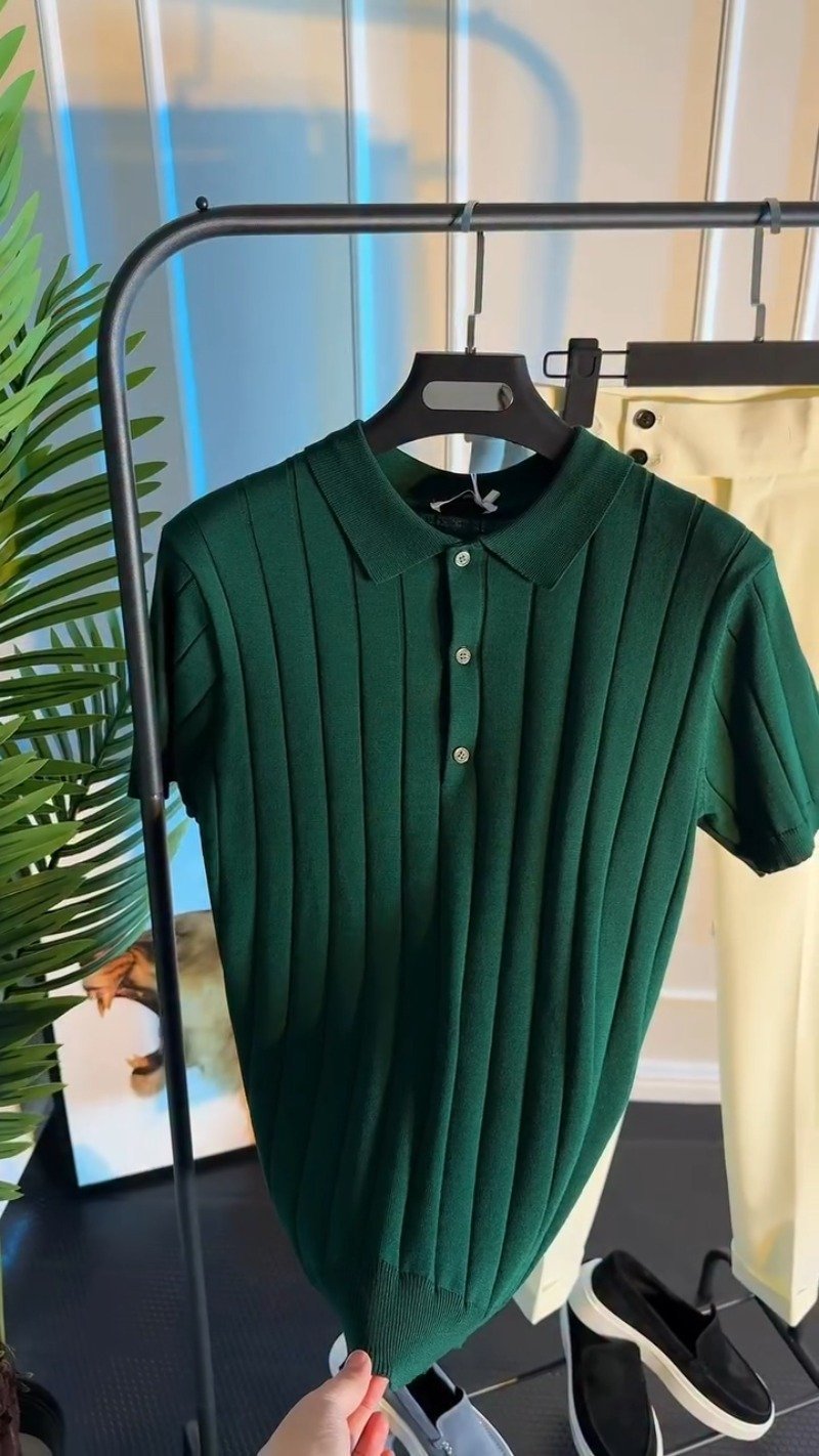 Verdant Forest Ribbed Knit Polo Shirt
